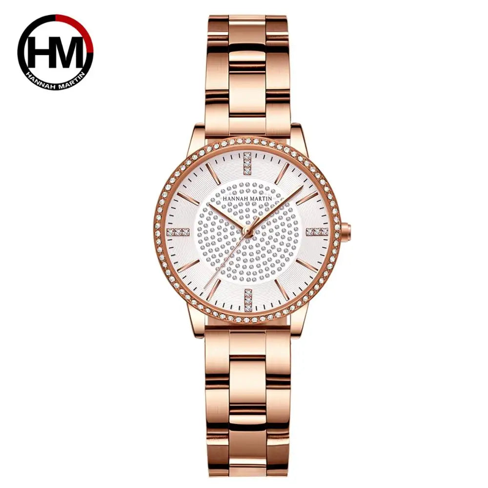 Hot Sale Full Solid Stainless Steel Strap Japan Movement Rose Gold Diamonds Women Rhinestones Wristwatches Female Quartz Watch