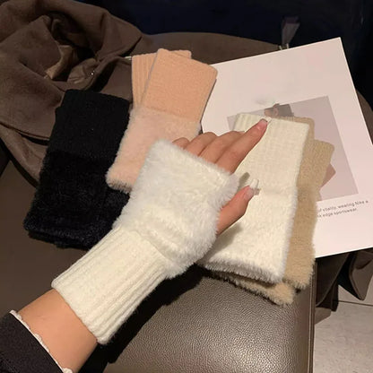 Winter Mink Fleece Soft Winter Half Finger Gloves Women Warm Luxury Solid White Plush Knitted Fingerless Glove Wrist Mittens