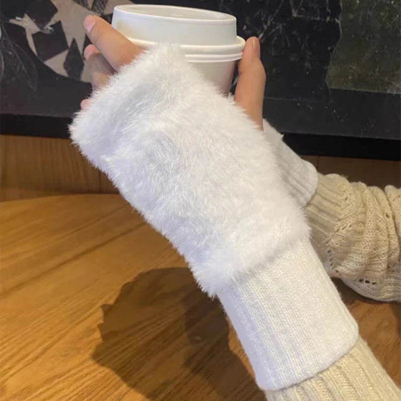 Winter Mink Fleece Soft Winter Half Finger Gloves Women Warm Luxury Solid White Plush Knitted Fingerless Glove Wrist Mittens