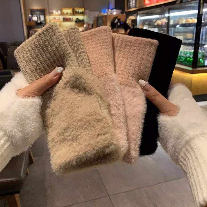 Winter Mink Fleece Soft Winter Half Finger Gloves Women Warm Luxury Solid White Plush Knitted Fingerless Glove Wrist Mittens